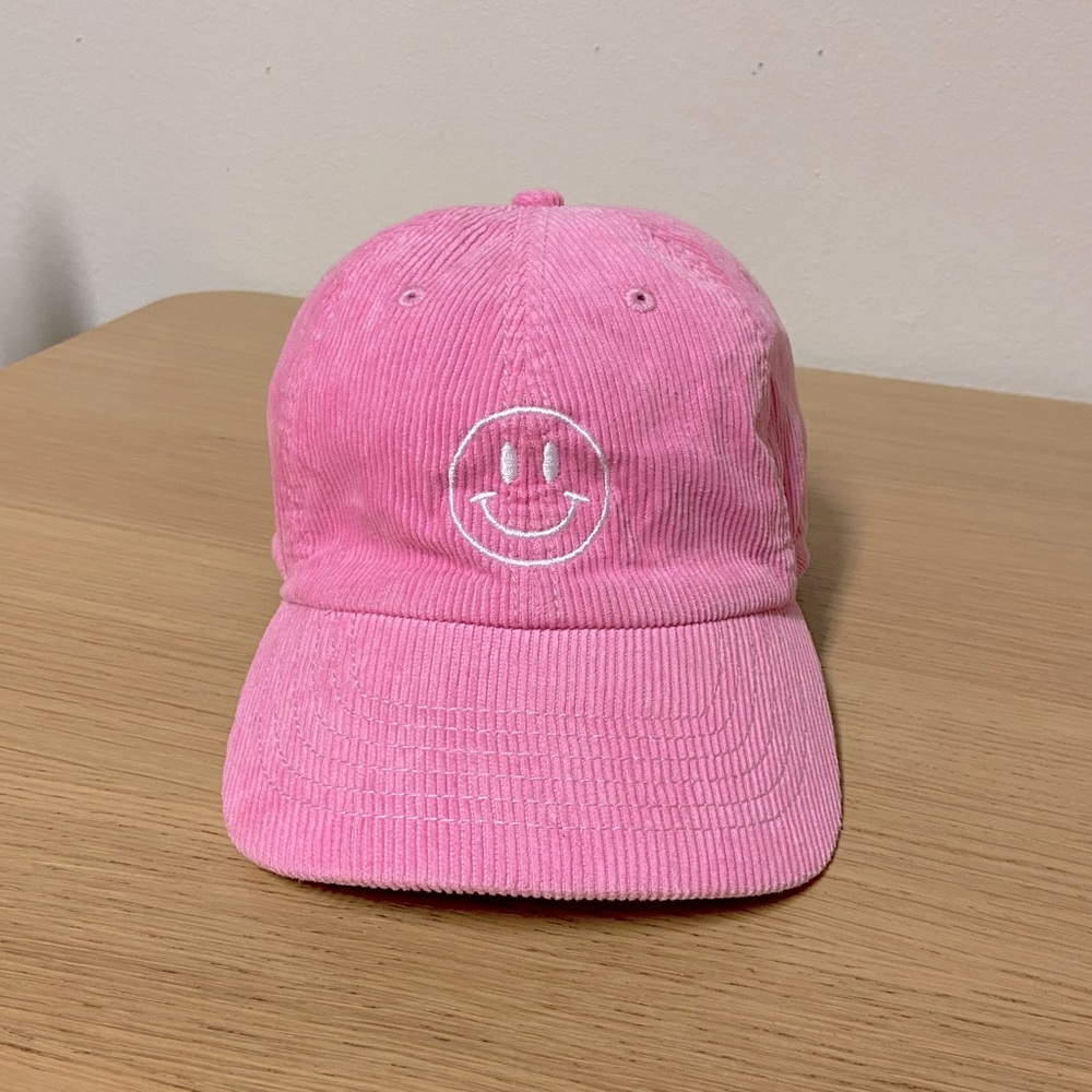 Smiley Face Embroidered Pink Corduroy Hat